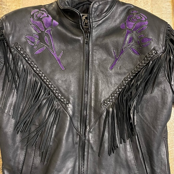 SHAF Leather Collections Black Fringe Purple Roses Jacket Iron Horse 96 Size XXL - Picture 3 of 16